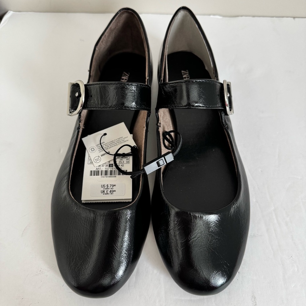 NWT ZARA LEATHER BUCKLE BALLET FLATS in BLACK size 39 /9 - Picture 11 of 16